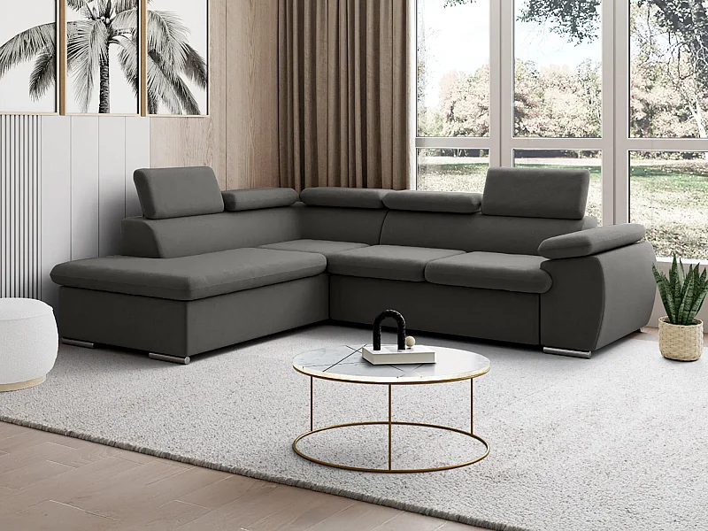 Canapé d'angle gauche convertible en tissu anthracite avec coffre de rangement FABIEN