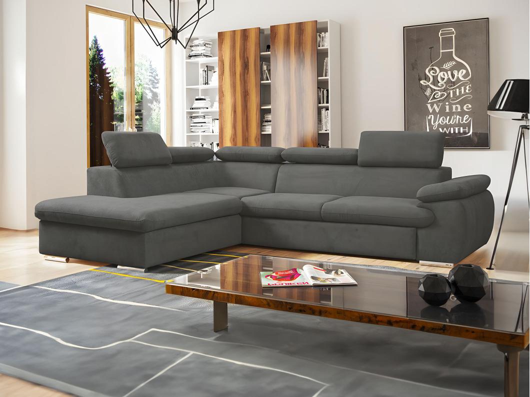 Canapé d'angle gauche convertible en tissu anthracite avec coffre de rangement FABIEN