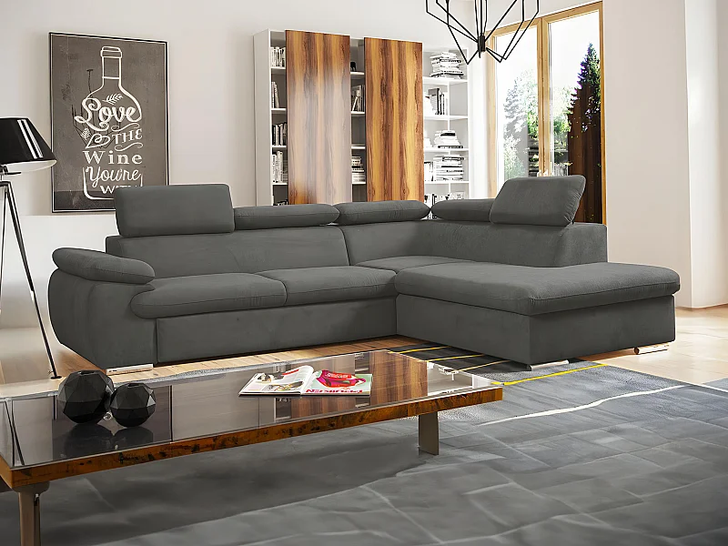 Canapé d'angle droit convertible en tissu anthracite avec coffre de rangement FABIEN