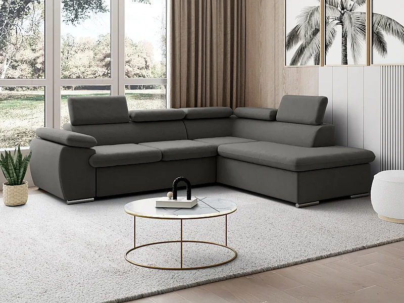 Canapé d'angle droit convertible en tissu anthracite avec coffre de rangement FABIEN