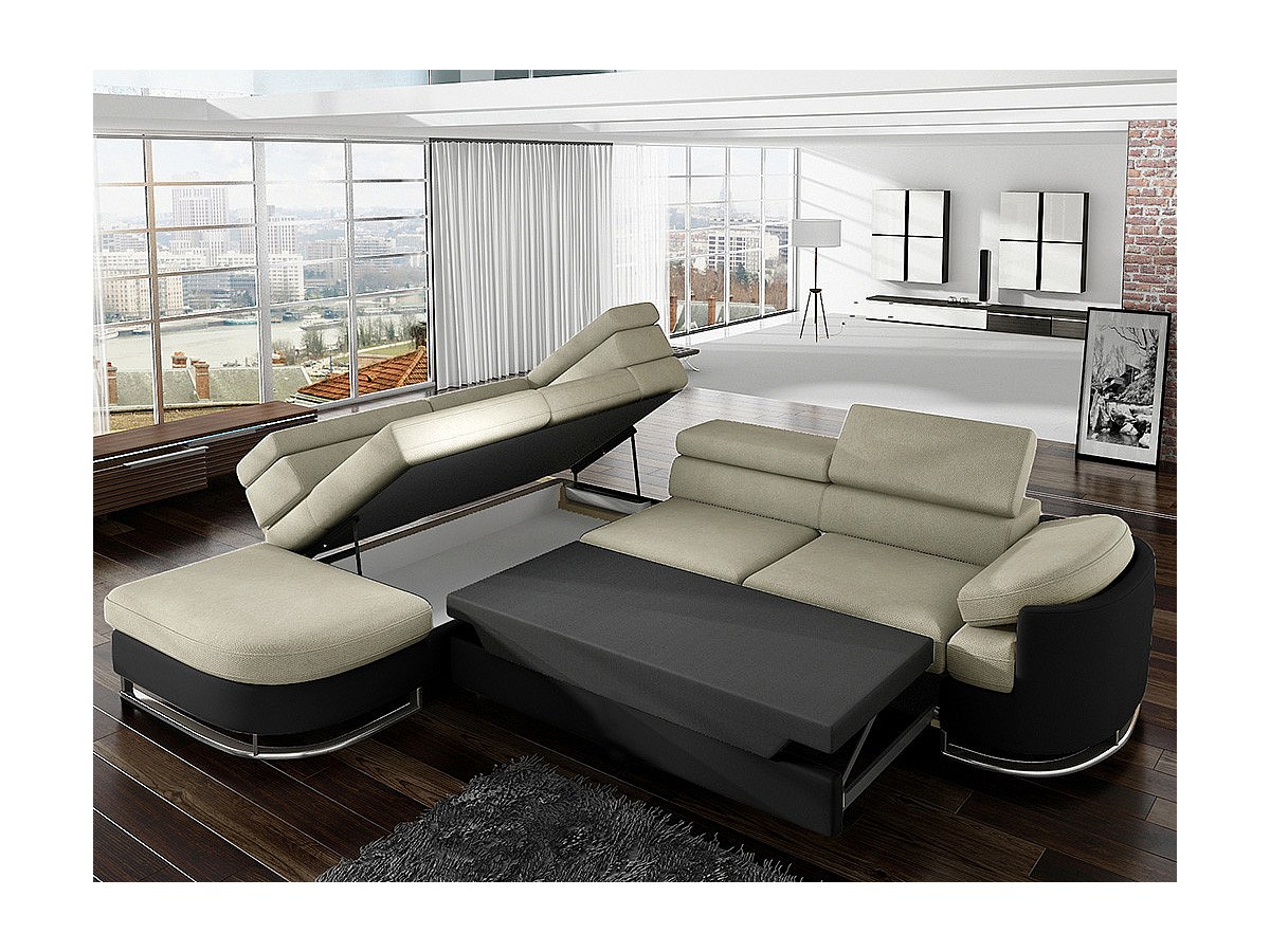 Ecksofa mit Schlaffunktion MYSEN Schwarz/Beige - Ecke Links