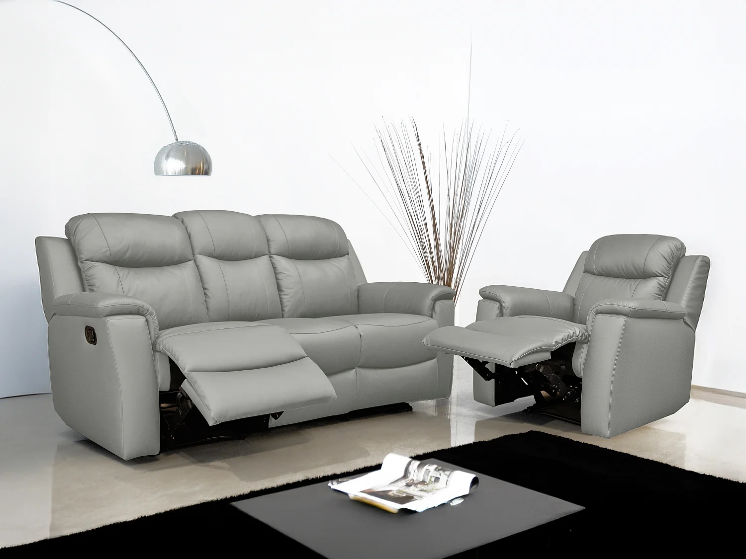 Canapé 3 places et un fauteuil relax  EVASION en cuir - Gris clair