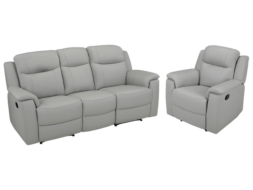 Canapé 3 places et un fauteuil relax  EVASION en cuir - Gris clair