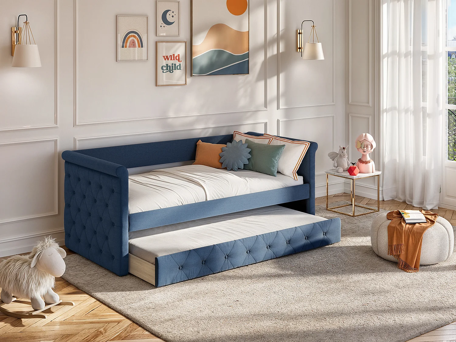 Cama nido capitoné LOUISE - 2x90x190cm - Tela azul