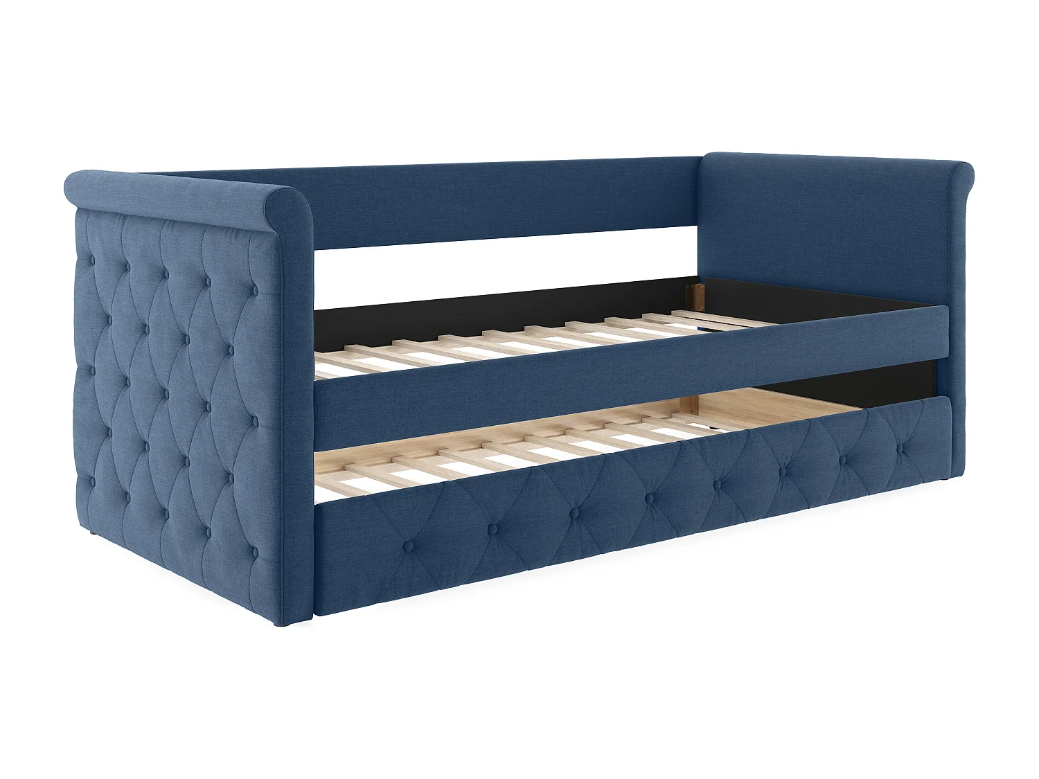Letto singolo con letto estraibile capitonné  2 x 90 x 190 cm in tessuto blu - LOUISE
