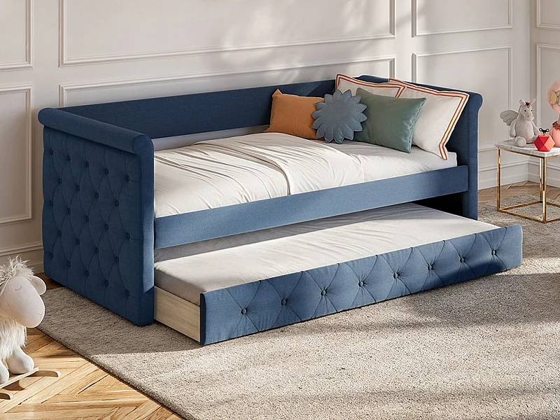 Uttrekkbar stopningsbenkseng LOUISE - 2x90x190cm - blått stoff