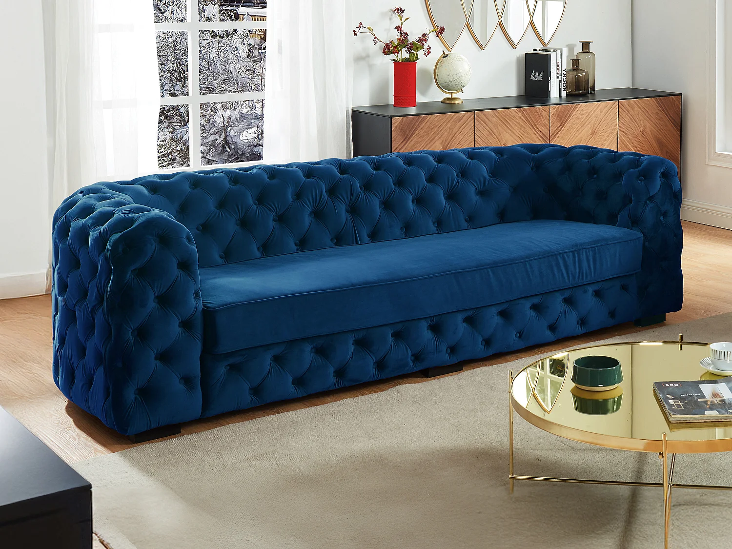 Canapé 3 places chesterfield STANLEY - Velours bleu nuit