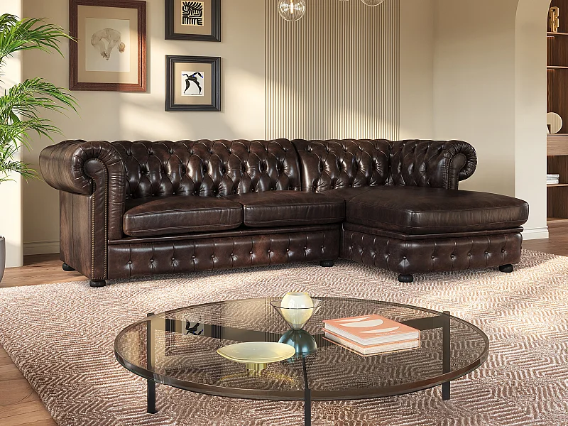 Chesterfield Ecksofa - Ecke Rechs - Büffelleder - Dunkelbraun - BRENTON