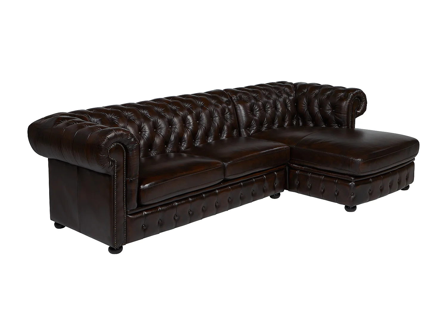 Hoekbank chesterfield BRENTON 100% buffelleer - Chocolade met kastanjereflecties - Hoek rechts