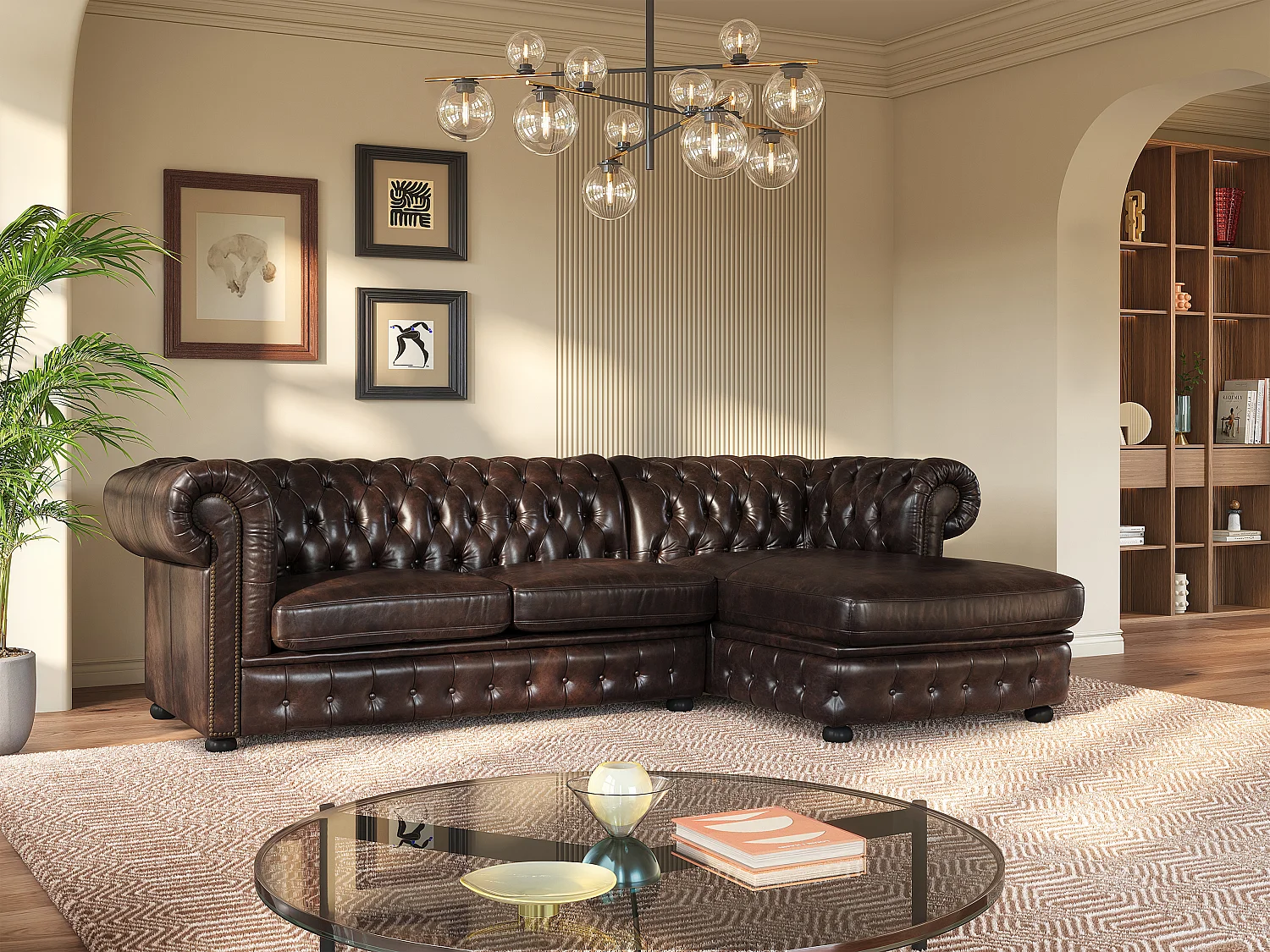Hoekbank chesterfield BRENTON 100% buffelleer - Chocolade met kastanjereflecties - Hoek rechts