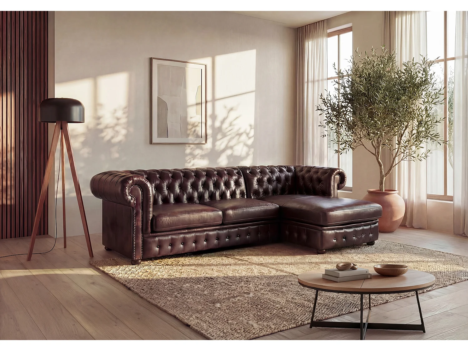 Hörnsoffa chesterfield BRENTON 100% buffellläder - Brun med kastanjelyster - Högervänd hörn