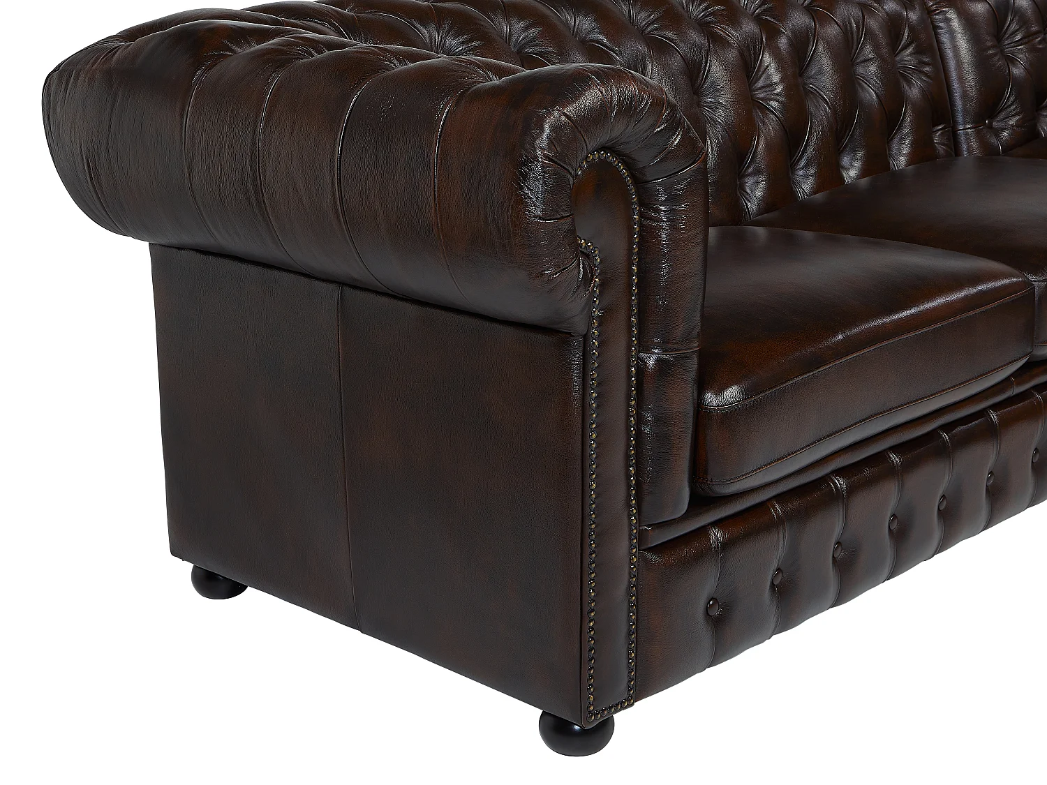 Canapé d'angle chesterfield BRENTON 100% cuir de buffle - Marron reflets châtains - Angle droit