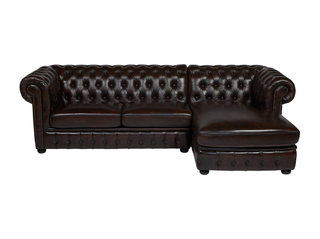 Kanapa narożna BRENTON w stylu Chesterfield, 100% skóry bawolej – kolor brązowy z kasztanowymi refleksami – Narożnik prawostronny