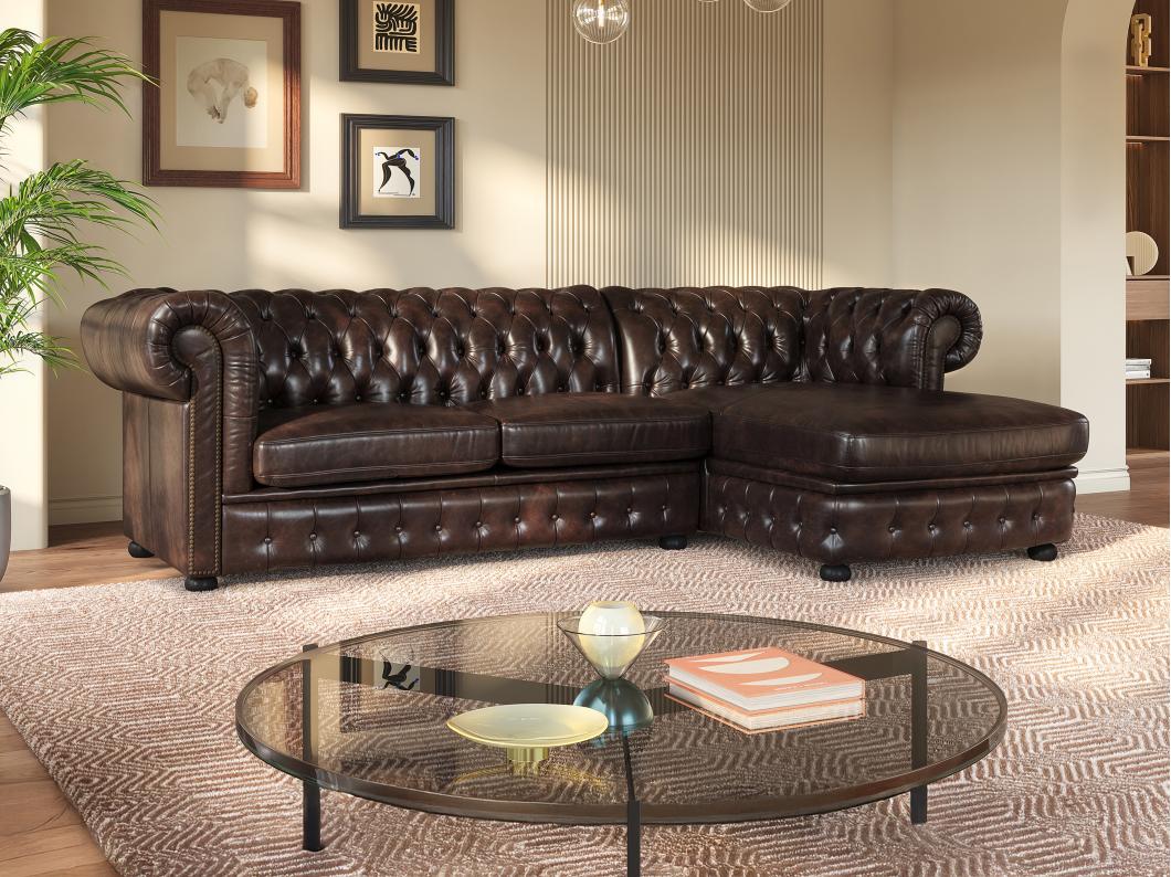 Chesterfield Ecksofa - Ecke Rechs - Büffelleder - Dunkelbraun - BRENTON