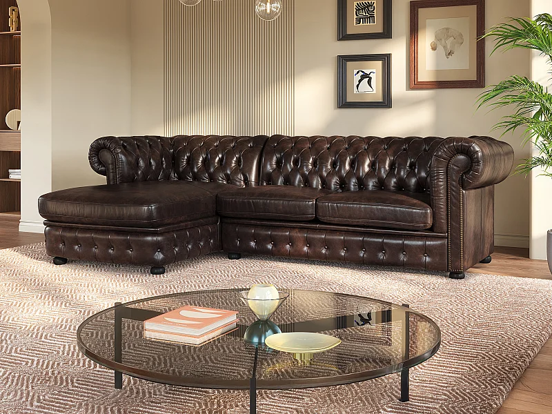 Hoekbank chestefield BRENTON 100% buffelleer - Chocolade met kastanjereflecties - Hoek links