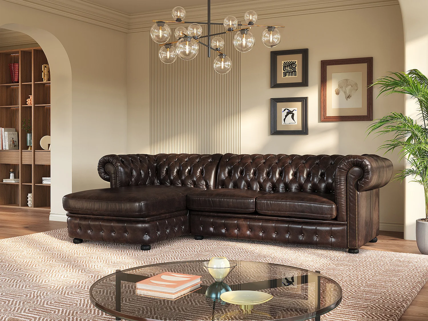 Canapé d'angle chesterfield BRENTON 100% cuir de buffle - Marron reflets châtains - Angle gauche