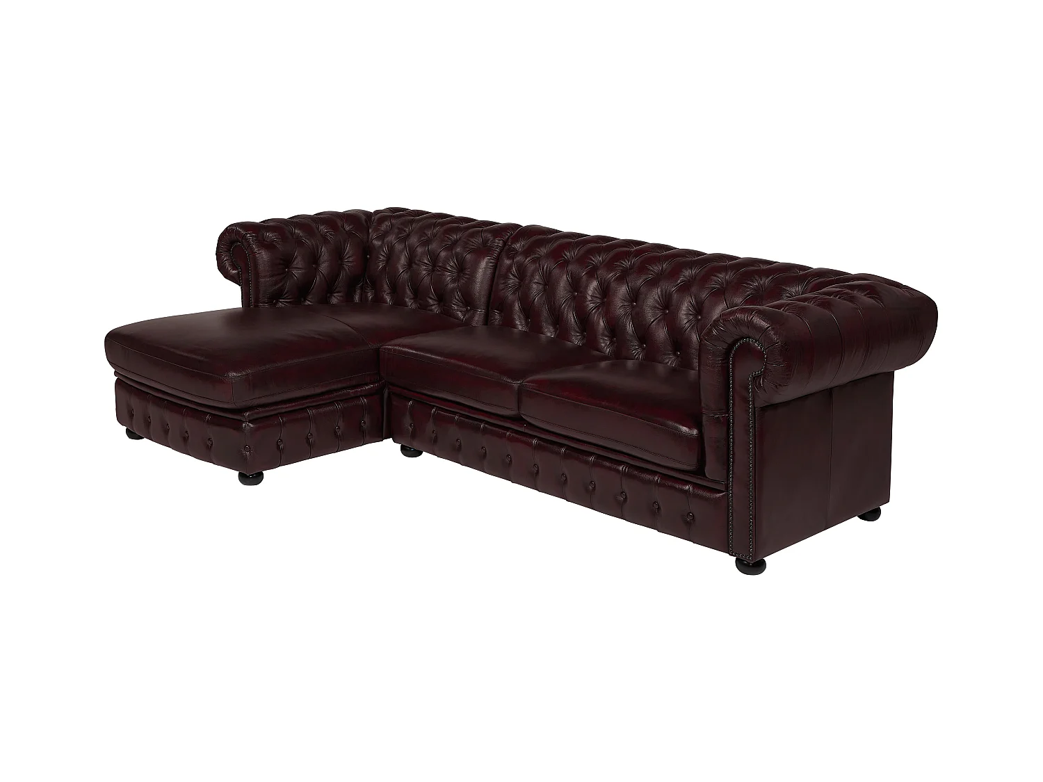 Kanapa narożna BRENTON w stylu Chesterfield, 100% skóry bawolej – kolor brązowy z kasztanowymi refleksami – Narożnik lewostronny