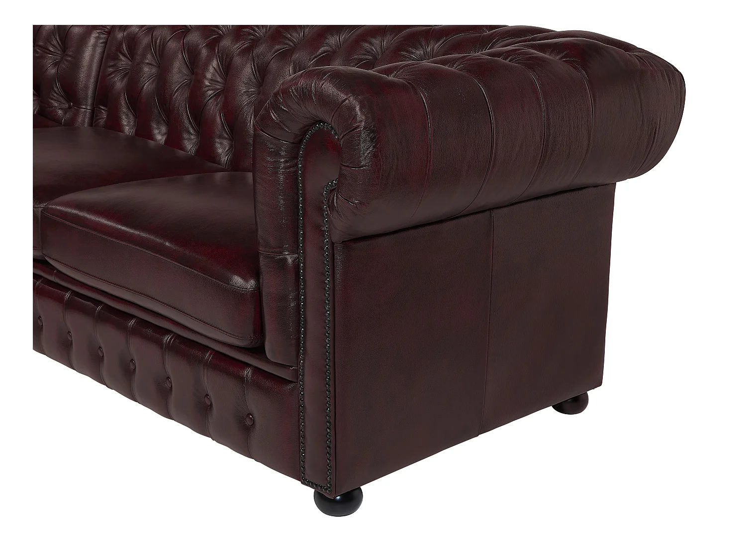 Kanapa narożna BRENTON w stylu Chesterfield, 100% skóry bawolej – kolor brązowy z kasztanowymi refleksami – Narożnik lewostronny