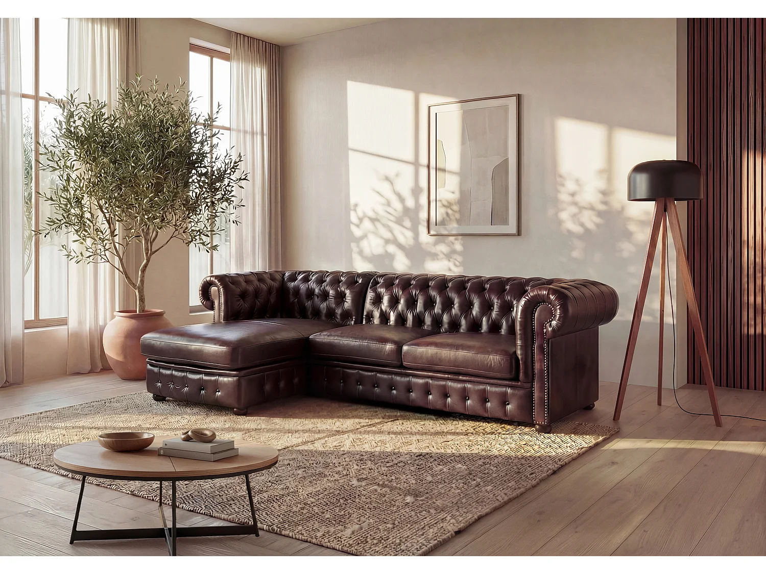 Chesterfield hjørnesofa venstrevendt  i 100%  kastanjebrunt bøffellæder BRENTON