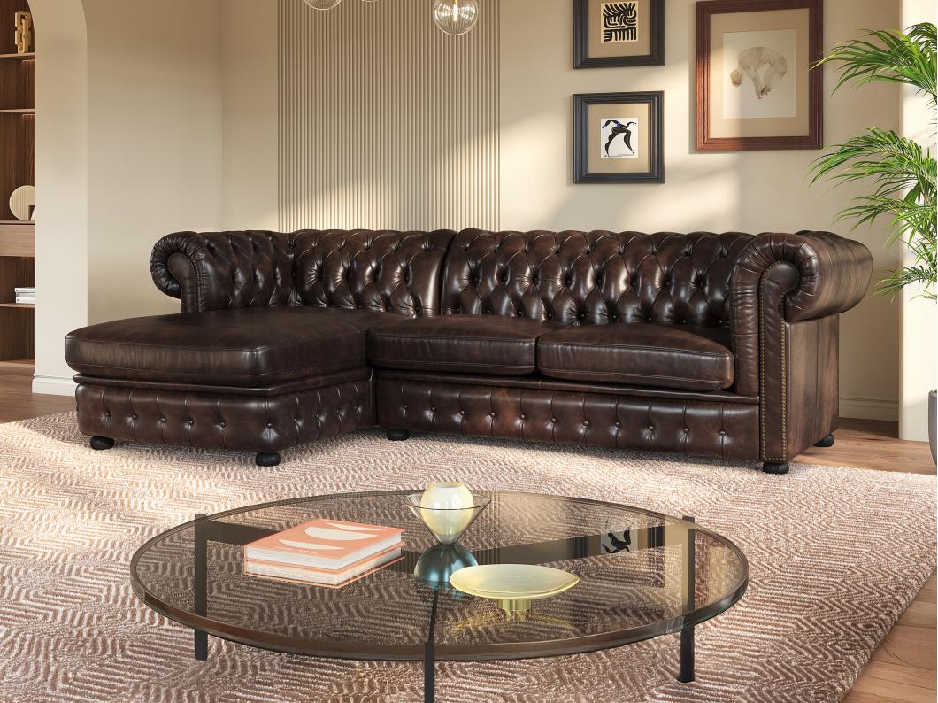 Chesterfield Ecksofa - Ecke Links - Büffelleder - Dunkelbraun - BRENTON