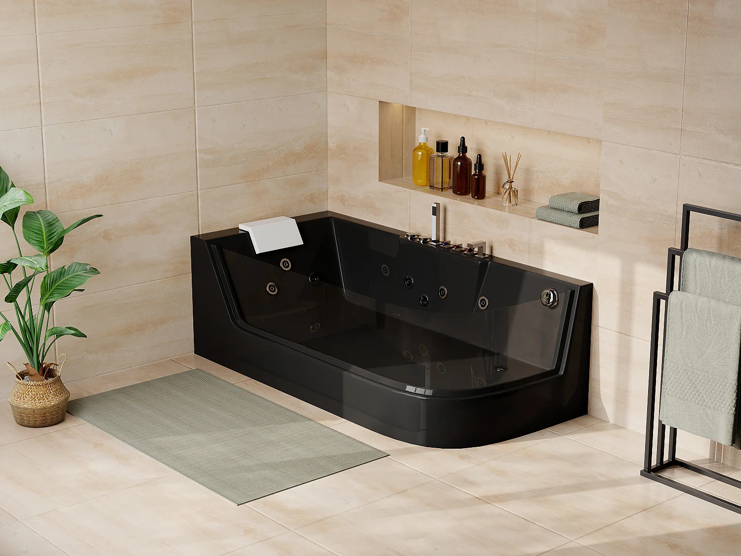 Whirlpool Eckwanne mit Hydromassage - 1 Person - 263 L - Ecke Links - Schwarz - ARIA