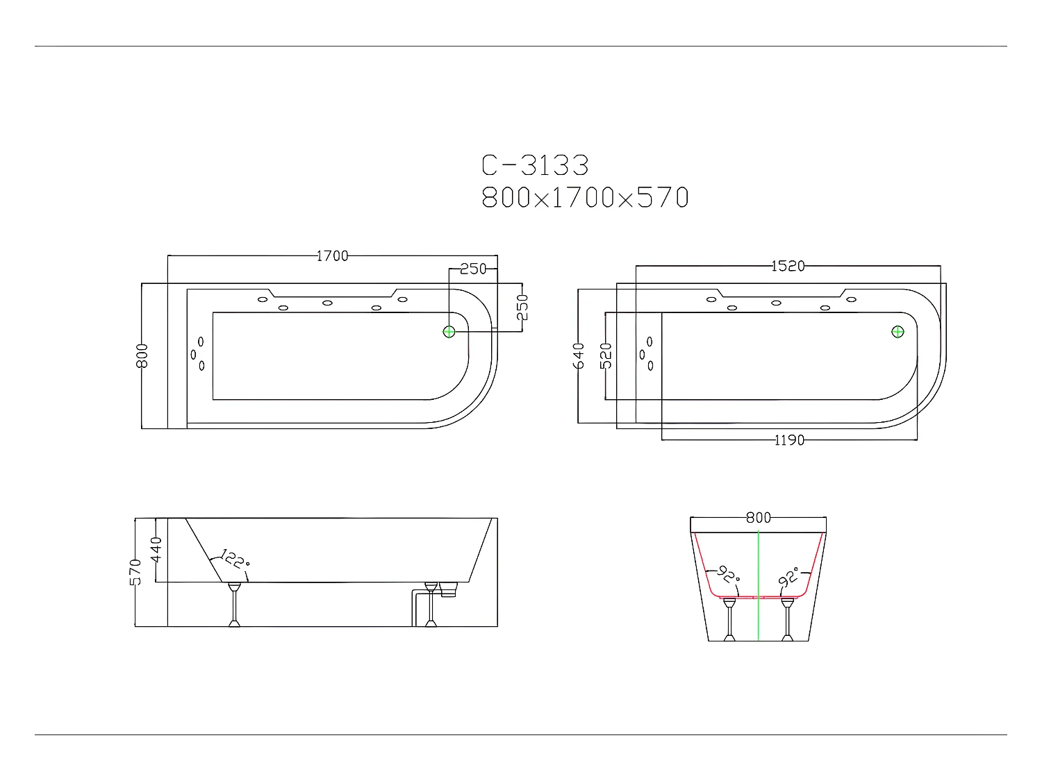 Whirlpool Eckwanne mit Hydromassage - 1 Person - 263 L - Ecke Links - Schwarz - ARIA