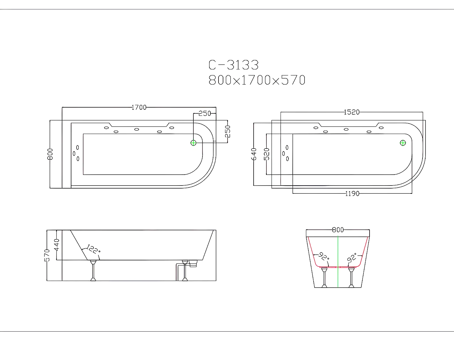 Banheira de hidromassagem envidraçada ARIA preta - 1 lugar - 263L - 80*170*57 cm