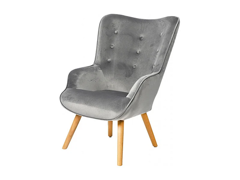Fauteuil Velours Gris Et Pieds Bois - 72x65x99cm