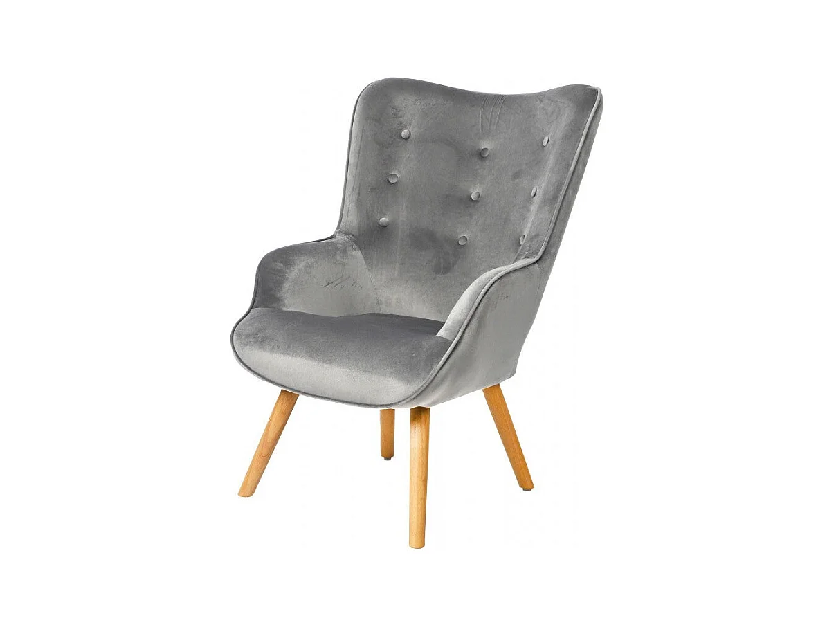 Fauteuil Velours Gris Et Pieds Bois - 72x65x99cm