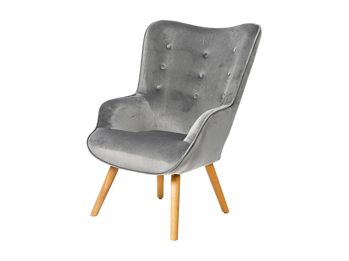 Fauteuil Velours Gris Et Pieds Bois - 72x65x99cm