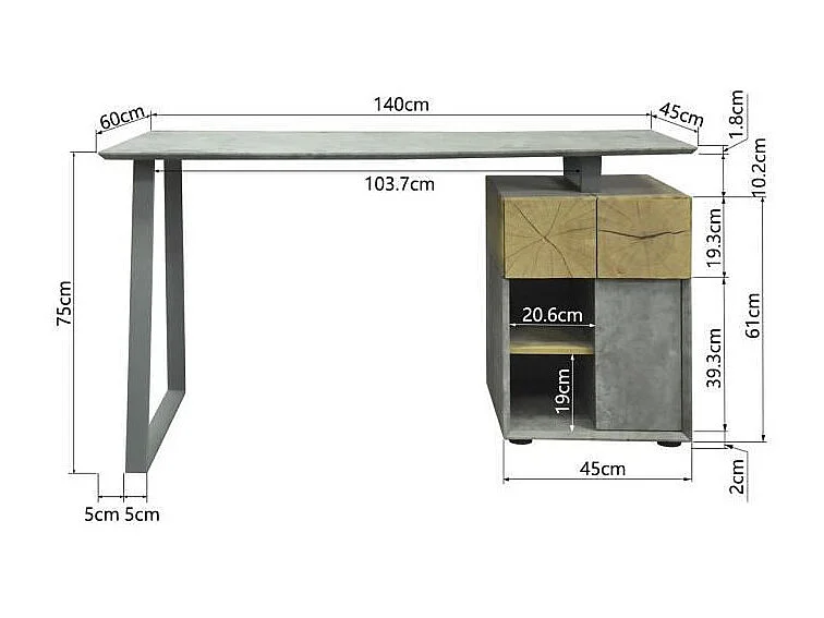 Bureau 1 porte 1 tiroir - Decor bois blanc et gris - L 140 x P 60 x H 75 - COLOGNE
