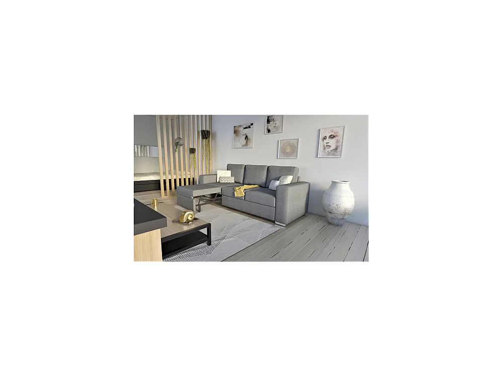 Canapé convertible 3 places avec meridienne - Tissu gris - STONE