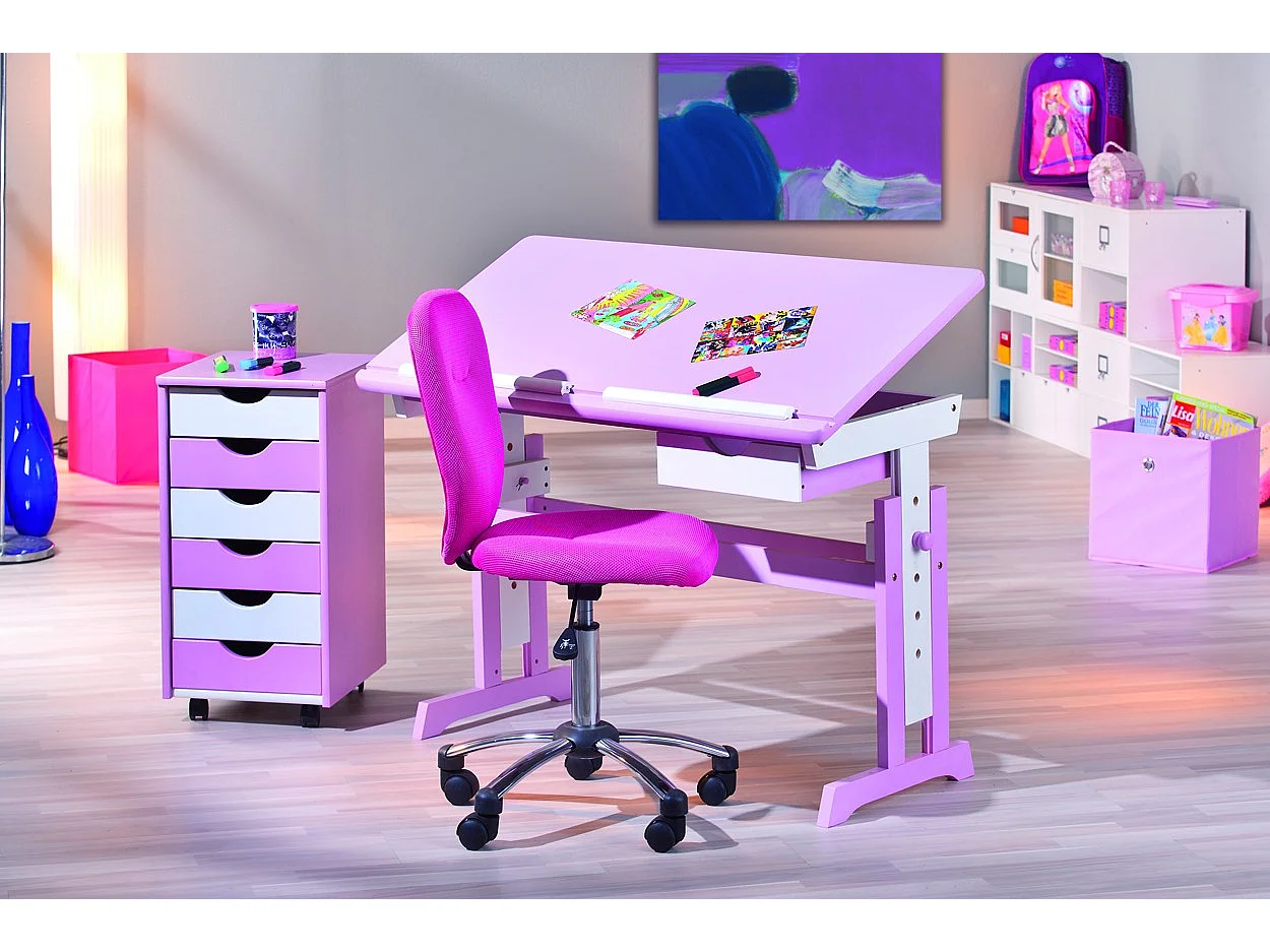 Caisson de Bureau 6 Tiroirs "School" 65cm Rose & Blanc