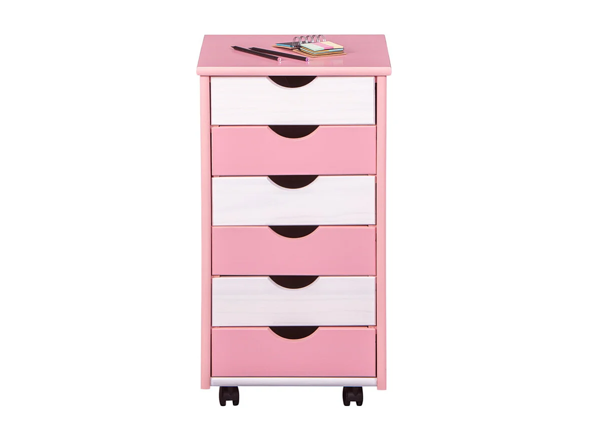 Caisson de Bureau 6 Tiroirs "School" 65cm Rose & Blanc