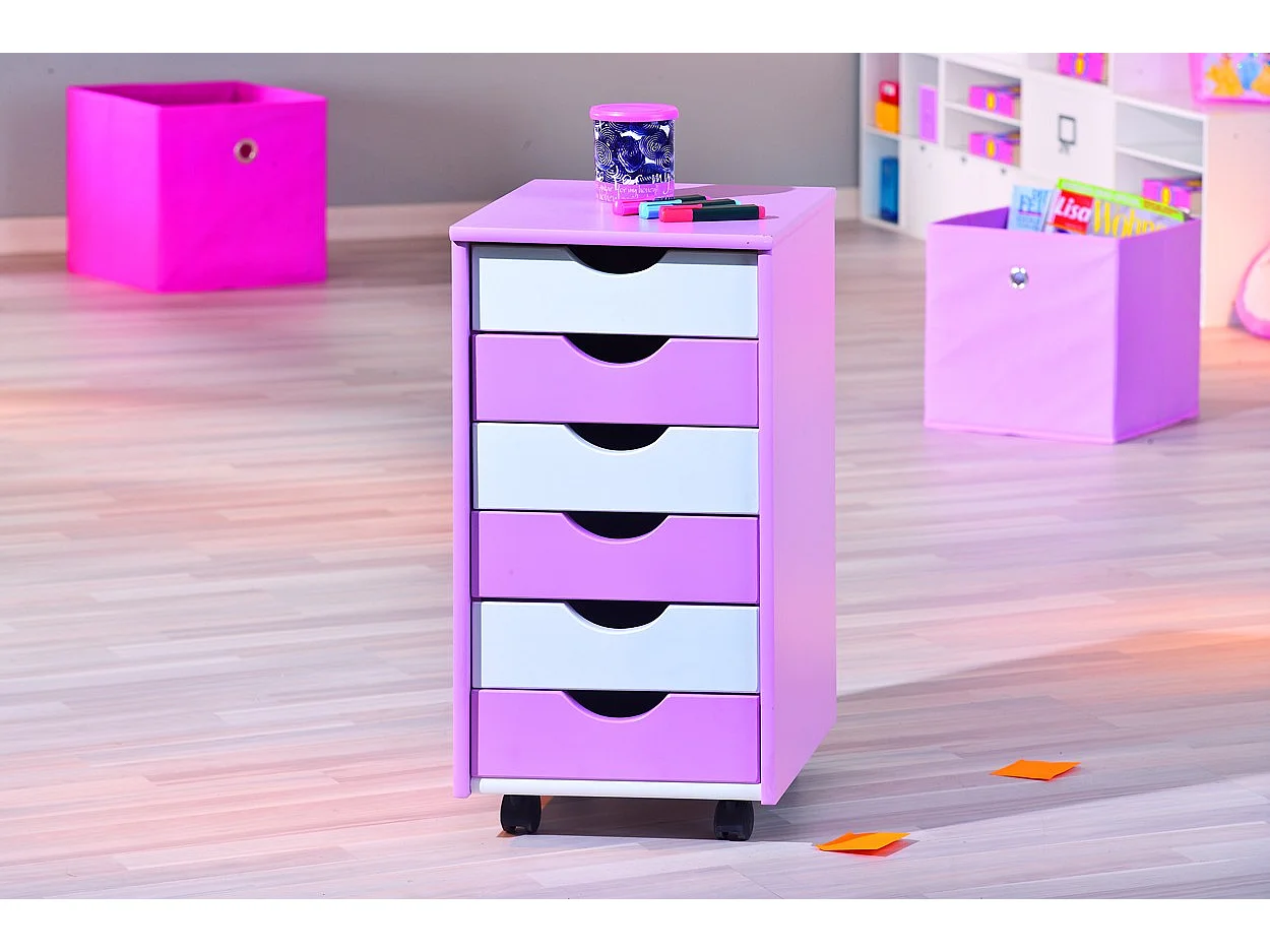 Caisson de Bureau 6 Tiroirs "School" 65cm Rose & Blanc