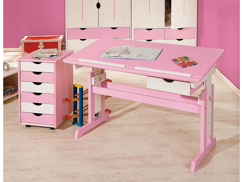 Caisson de Bureau 6 Tiroirs "School" 65cm Rose & Blanc