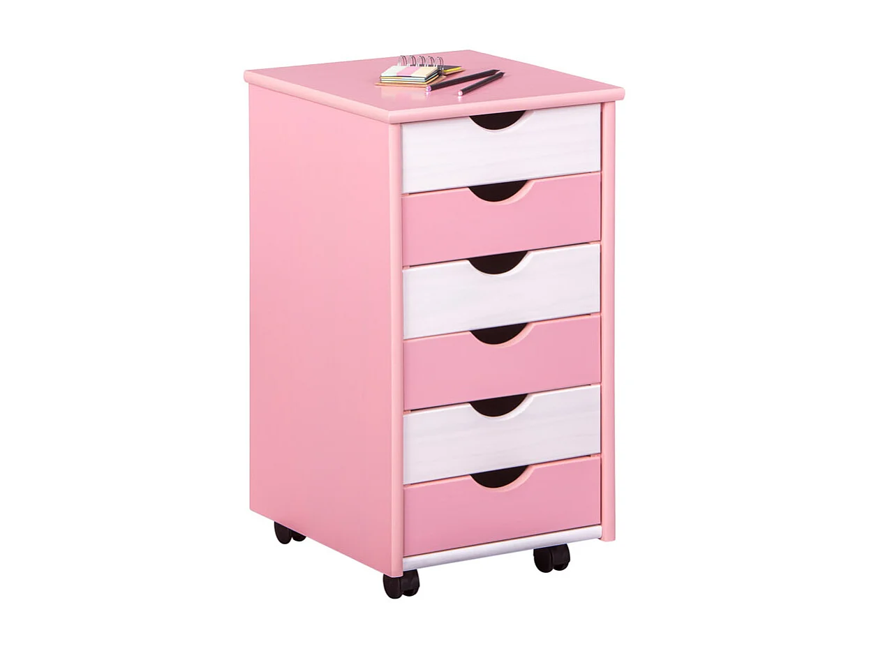 Caisson de Bureau 6 Tiroirs "School" 65cm Rose & Blanc