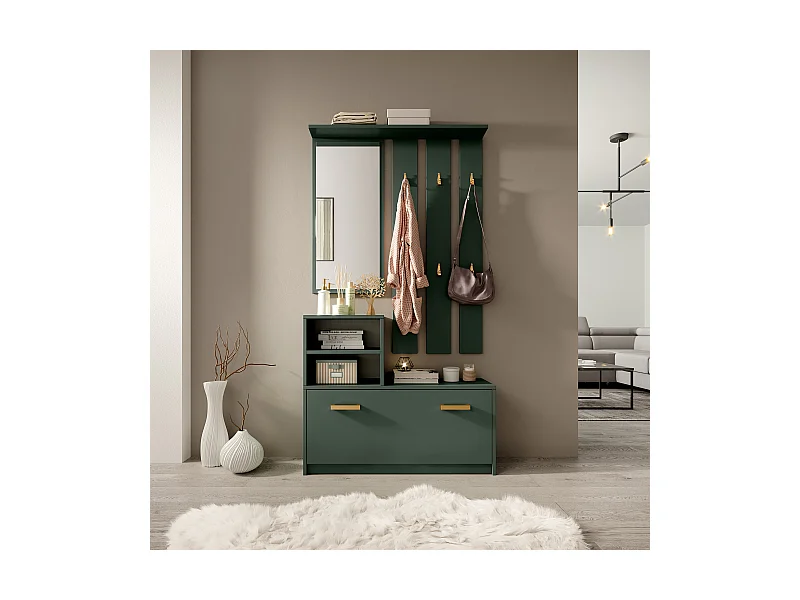 Flur-Set in Flaschengrün mit Spiegel, Garderobe, Regalen und Schuhschrank - Yesfir