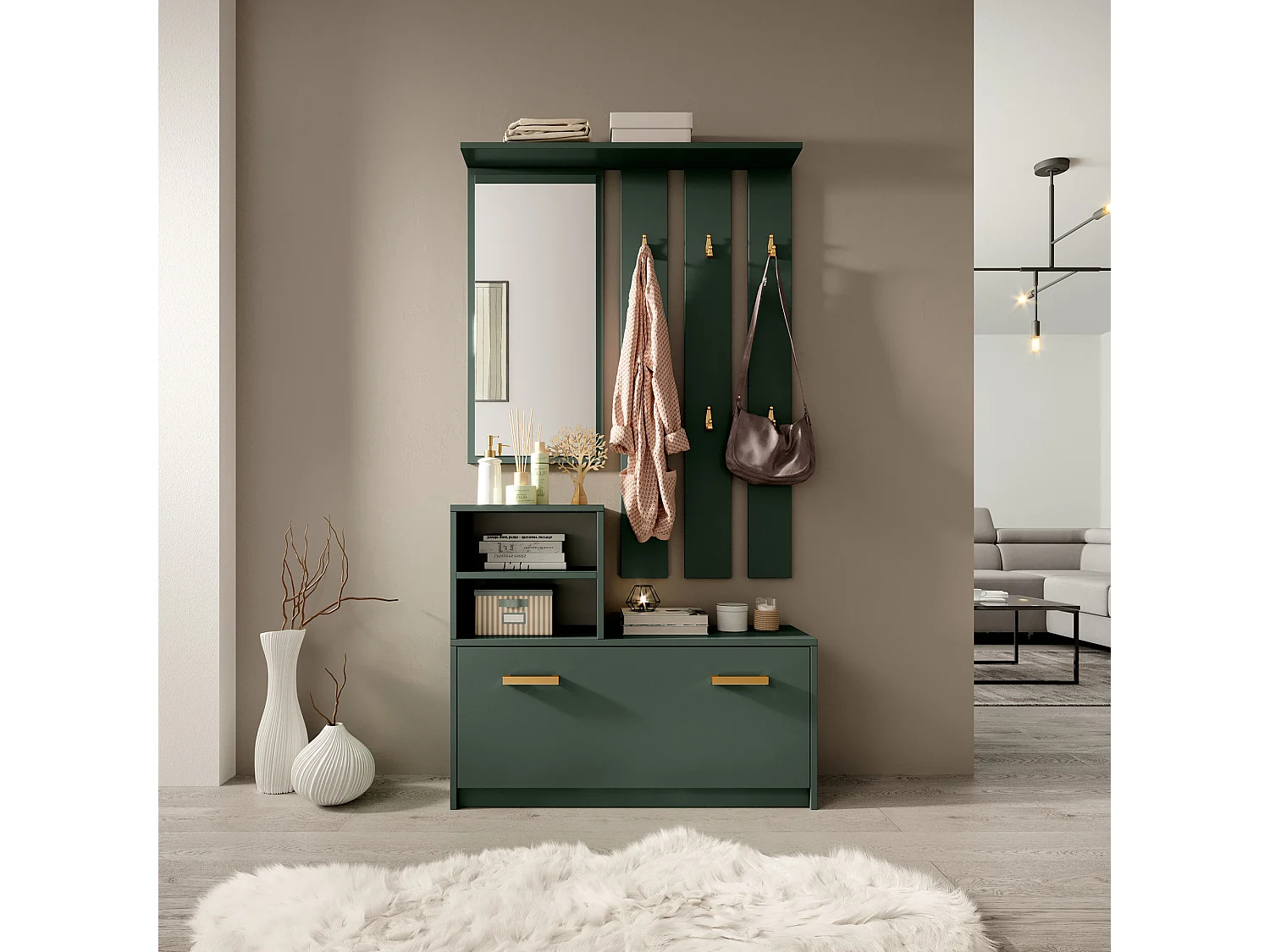Vestiaire d’entrée / Meuble d’entrée - vert bouteille - armoire à chaussures - portemanteau - miroir -  85 cm - YESFIR