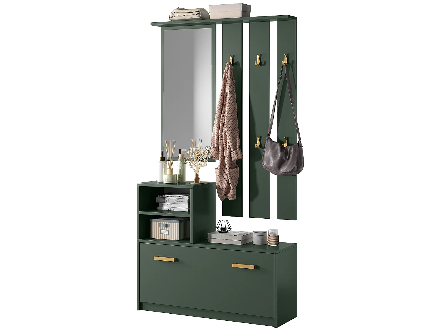 Vestiaire d’entrée / Meuble d’entrée - vert bouteille - armoire à chaussures - portemanteau - miroir -  85 cm - YESFIR