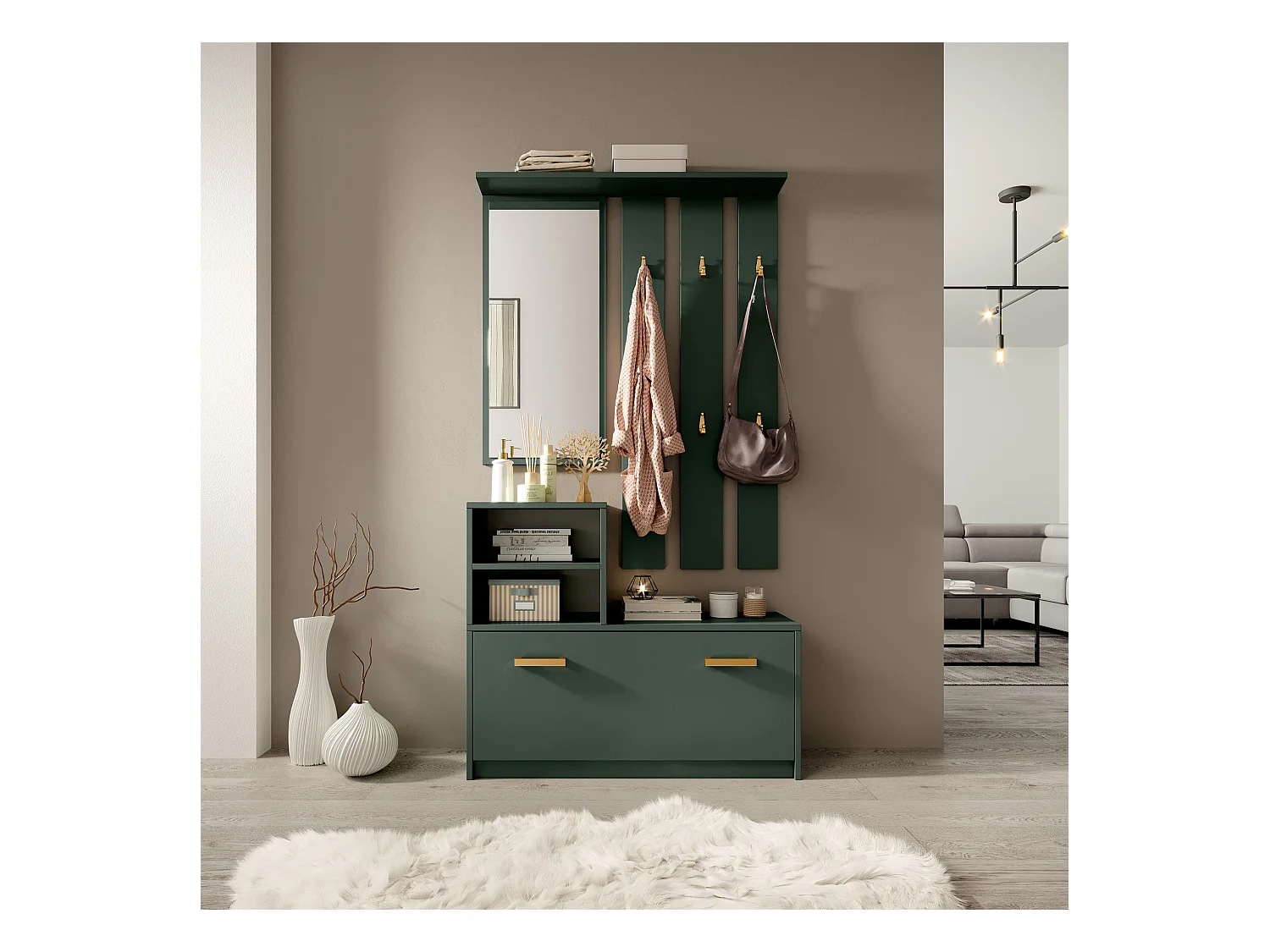 Vestiaire d’entrée / Meuble d’entrée - vert bouteille - armoire à chaussures - portemanteau - miroir -  85 cm - YESFIR