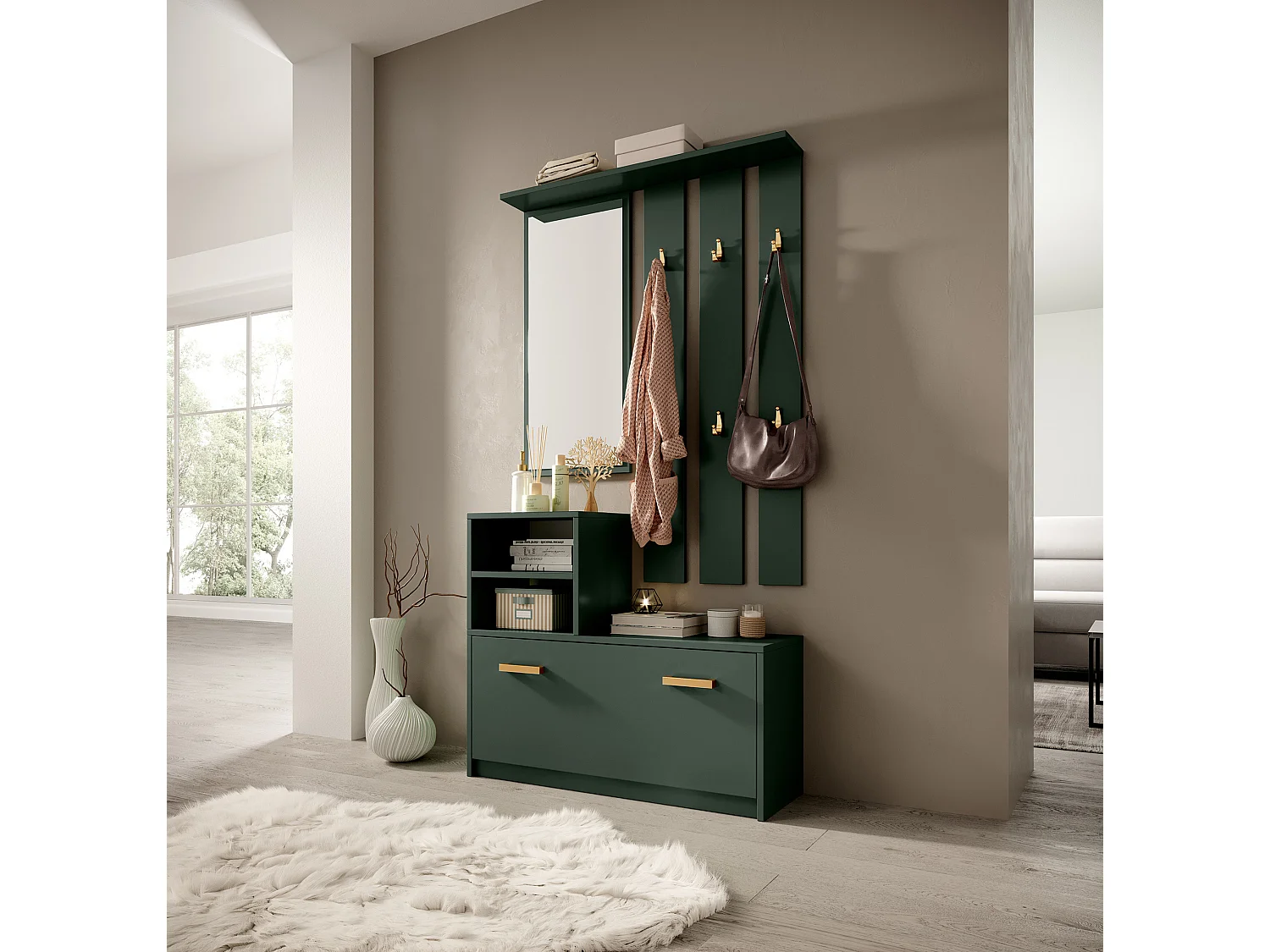 Vestiaire d’entrée / Meuble d’entrée - vert bouteille - armoire à chaussures - portemanteau - miroir -  85 cm - YESFIR
