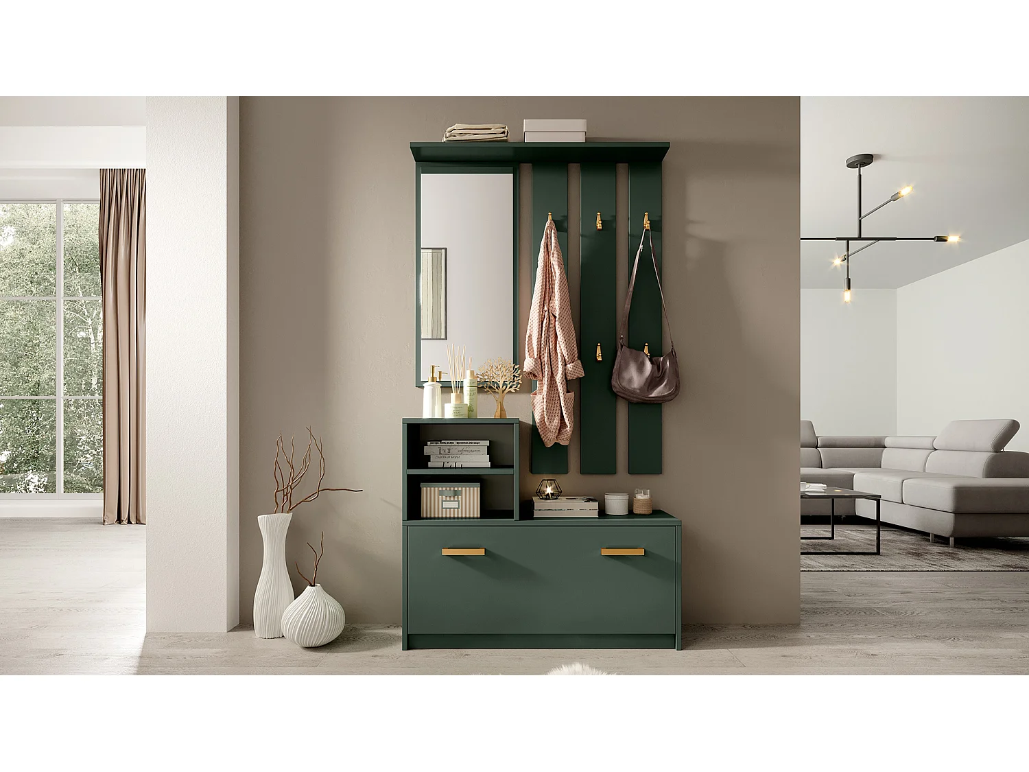Vestiaire d’entrée / Meuble d’entrée - vert bouteille - armoire à chaussures - portemanteau - miroir -  85 cm - YESFIR