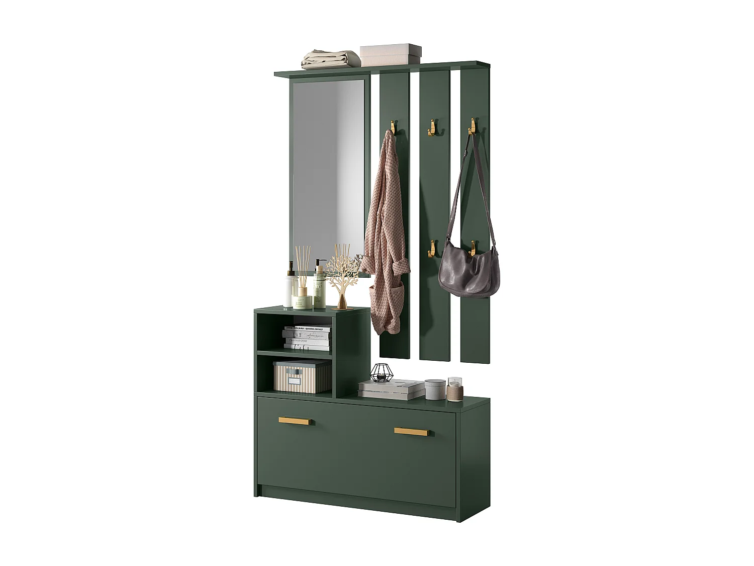Vestiaire d’entrée / Meuble d’entrée - vert bouteille - armoire à chaussures - portemanteau - miroir -  85 cm - YESFIR