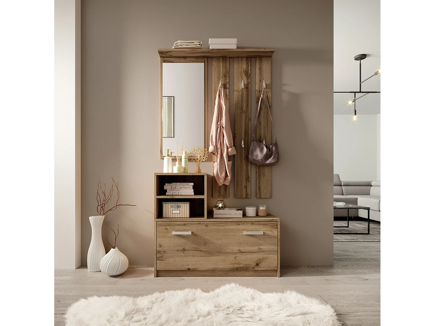 Garderobenset mit Schuhschrank, Spiegel, 6 Kleiderhaken und 2 offenen Fächern (Holzoptik Wotan Eiche) - Yesfir