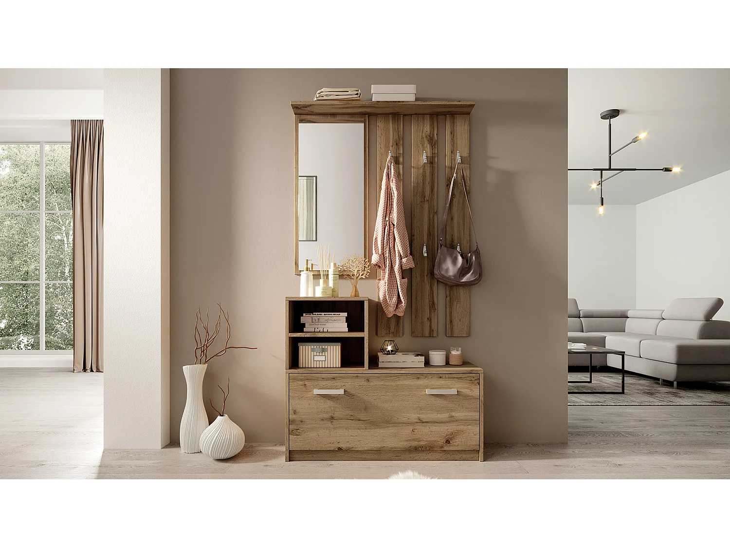 Garderobenset mit Schuhschrank, Spiegel, 6 Kleiderhaken und 2 offenen Fächern (Holzoptik Wotan Eiche) - Yesfir