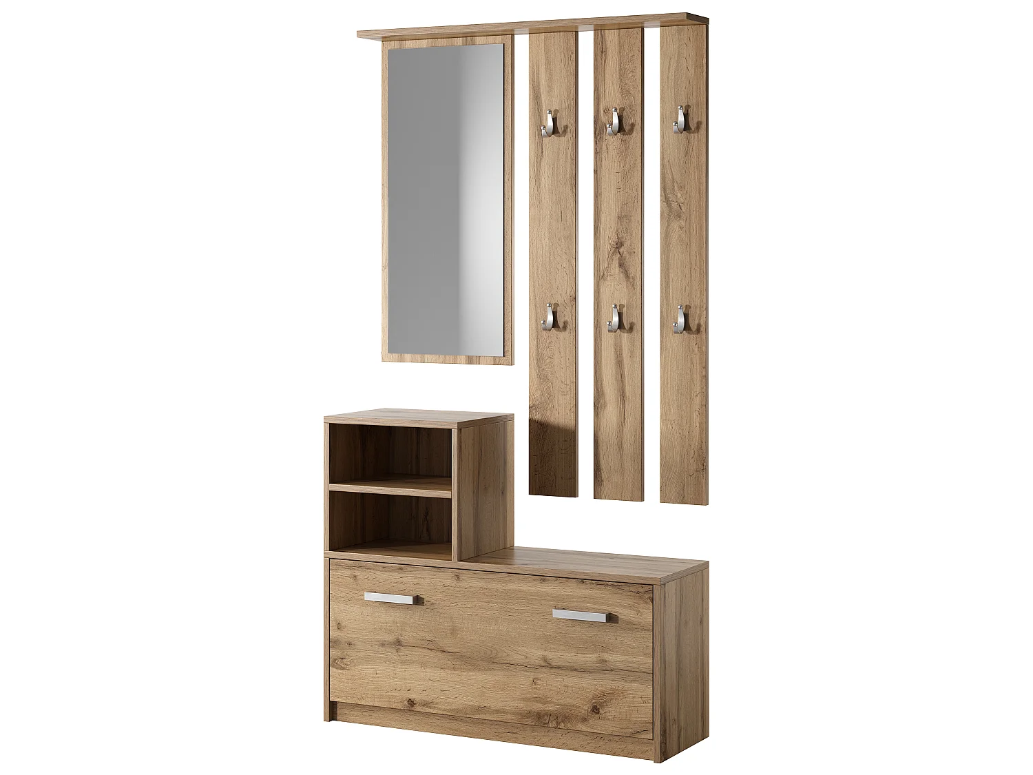 Garderobenset mit Schuhschrank, Spiegel, 6 Kleiderhaken und 2 offenen Fächern (Holzoptik Wotan Eiche) - Yesfir