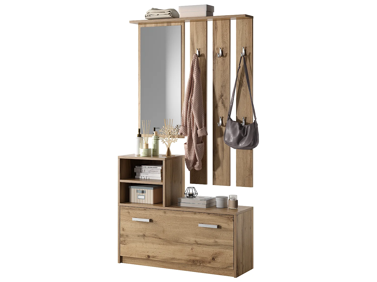 Garderobenset mit Schuhschrank, Spiegel, 6 Kleiderhaken und 2 offenen Fächern (Holzoptik Wotan Eiche) - Yesfir