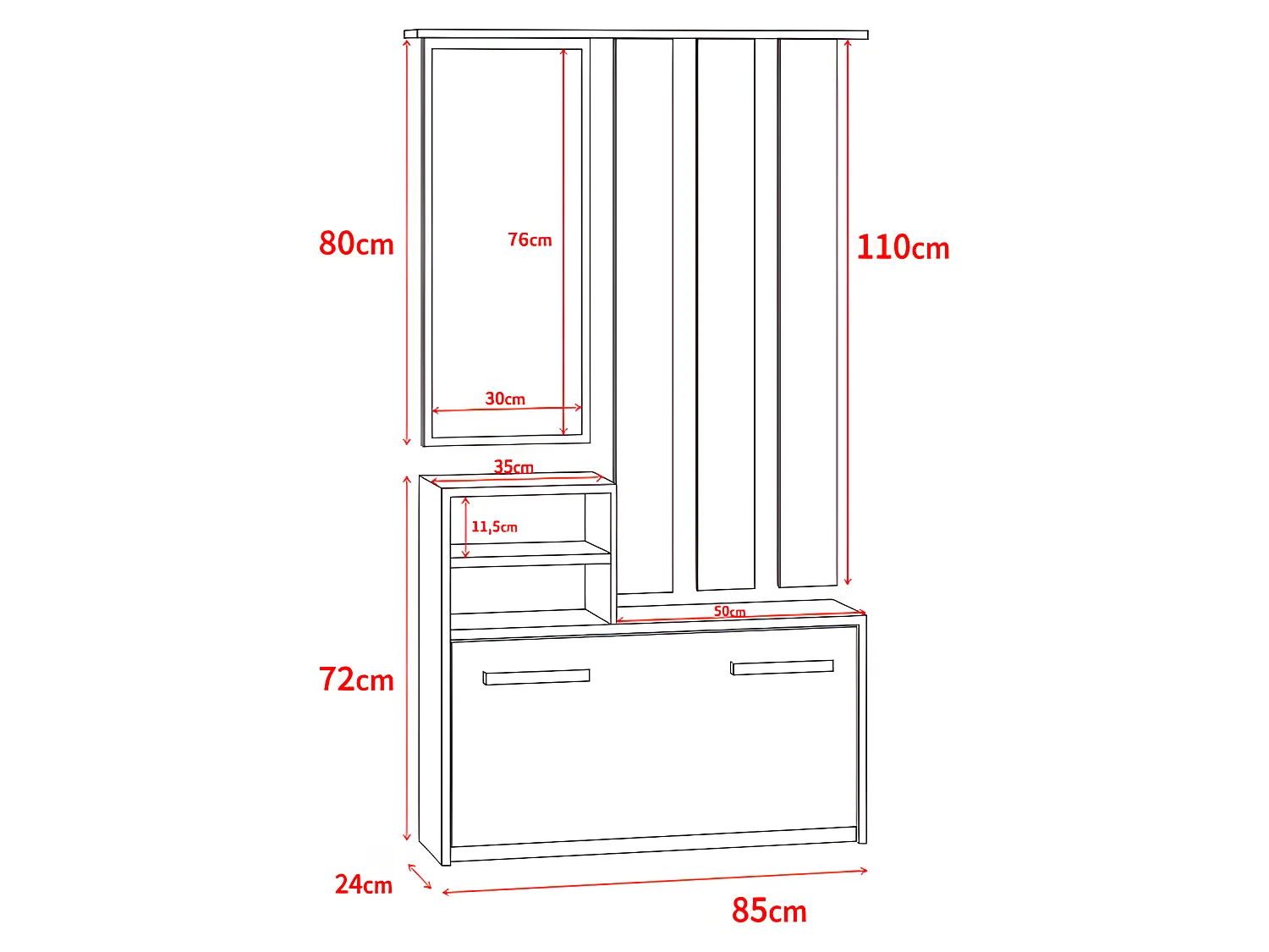 Garderobenset mit Schuhschrank, Spiegel, 6 Kleiderhaken und 2 offenen Fächern (Holzoptik Wotan Eiche) - Yesfir