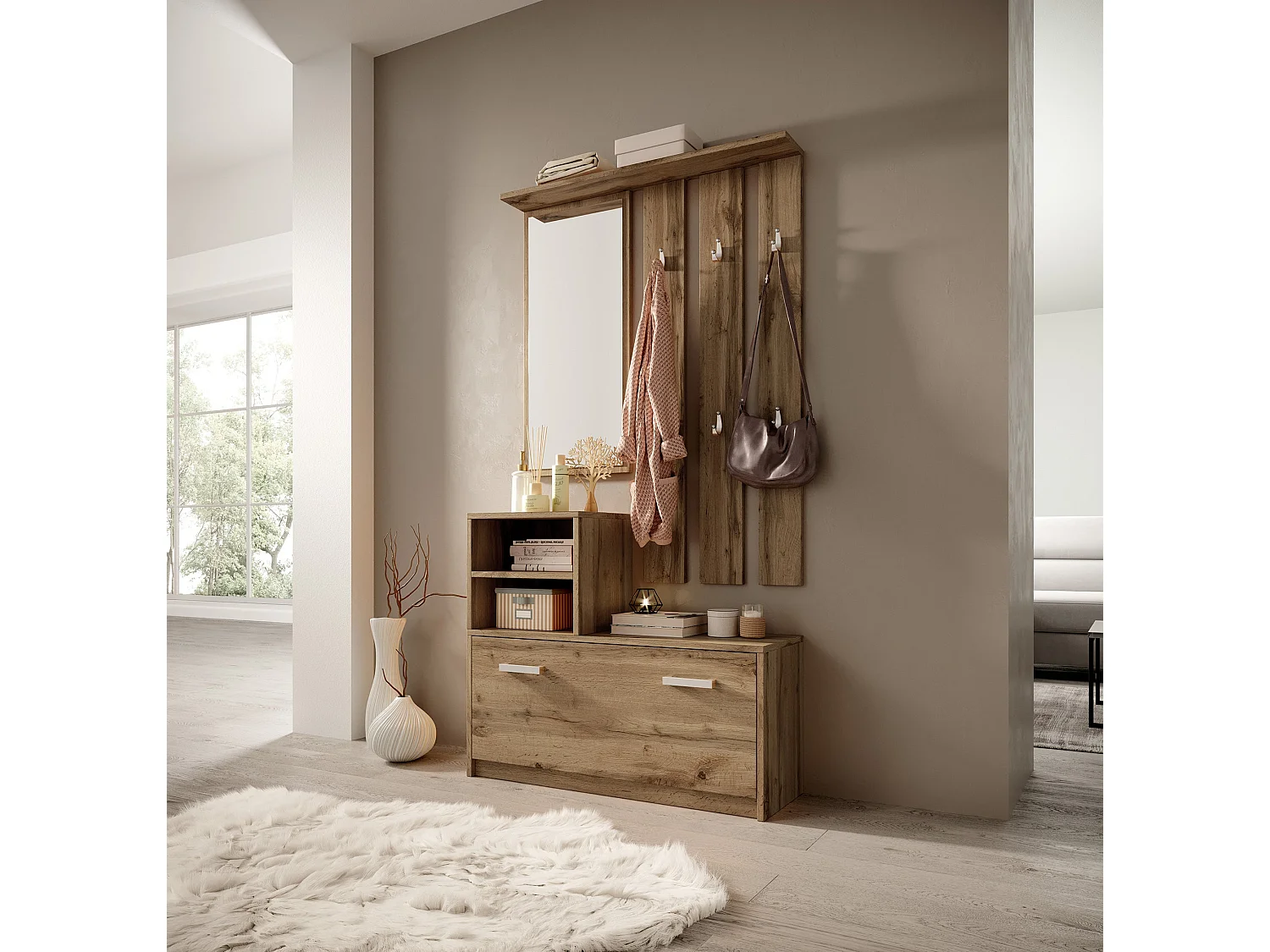 Set Arredo Ingresso / Mobile Ingresso Minimalista / Scarpiera e Appendiabiti per Corridoio / Quercia Dorata - Yesfir